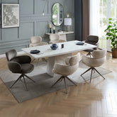 Apollo 200cm Fixed Top Taupe Marble Dining Table with 6 Beige Fabric Swivel Chairs - Pendle Village Furniture